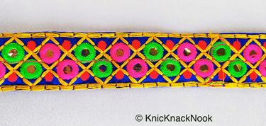 Blue Cotton Fabric Mirrored Trim With Embroidery In Fuchsia Pink, Green, Red & Yellow Threads
